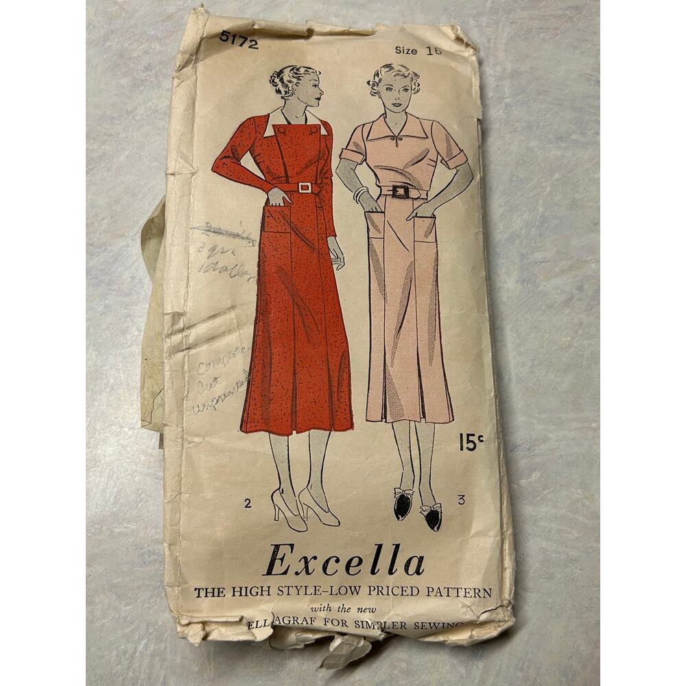 Antique 1930's Excella Pattern #5172 Ladies/Misses Frock‎ Dress Size 16 HTF